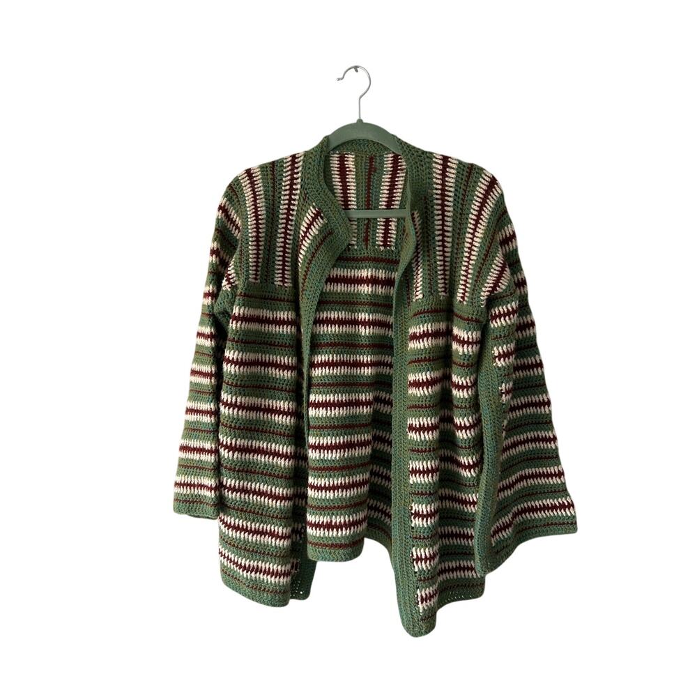 Handmade Crocheted Green and Brown Striped Sweater Medium